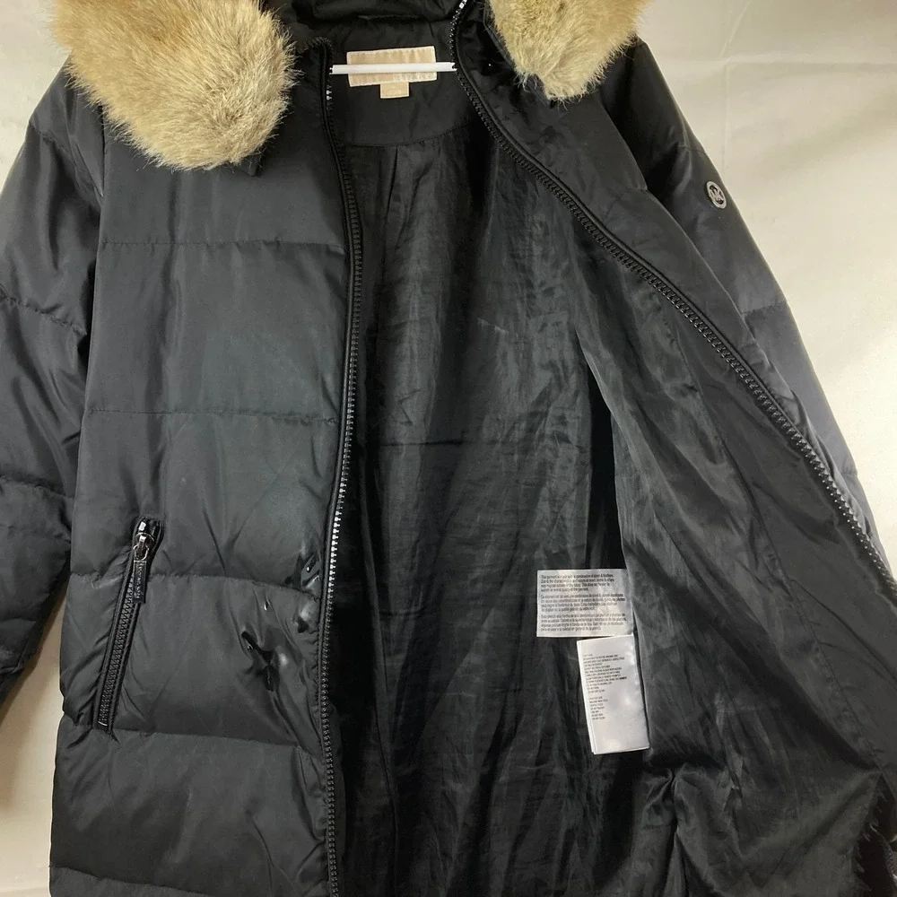 Michael Kors Down Puffer Coat‎ Sz L Black Faux Fur Hooded Parka Quilted Long